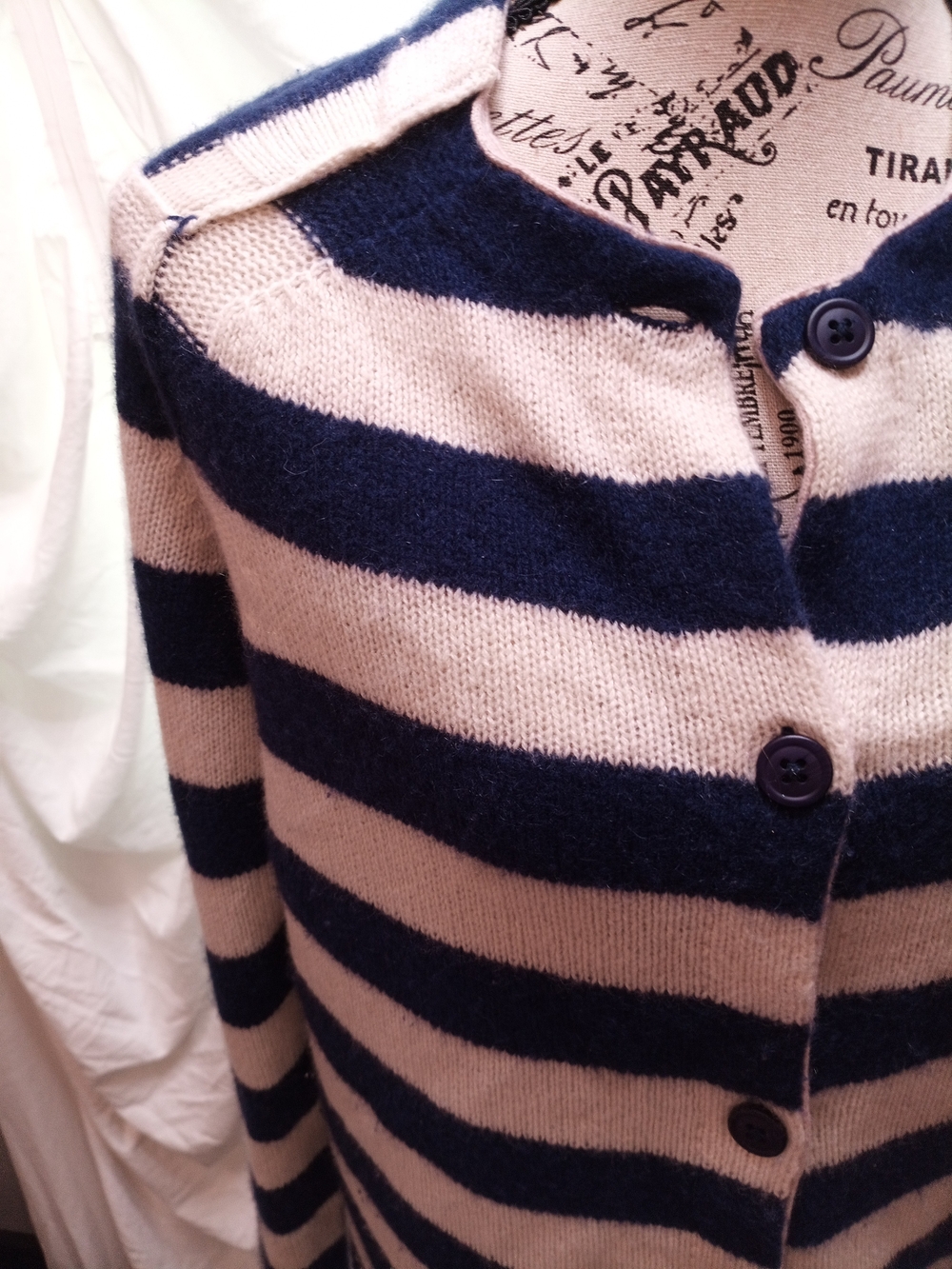 360 Cashmere Navy and Cream Striped Button-Front Cashmere Cardigan - Picture 5 of 8